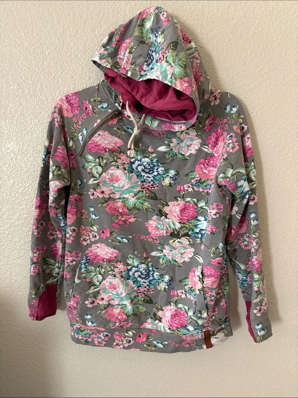 AMPERSAND AVE Double Hood Gray Floral Hoodie with Pink Accents